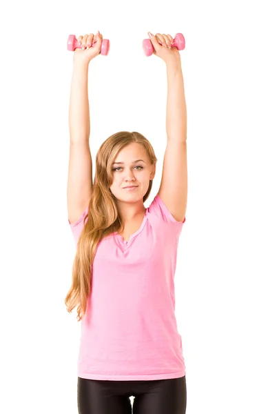 Girl with free weights in gym — Stock Photo, Image
