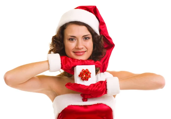Hediye ile Noel Baba giysili kadın — Stok fotoğraf