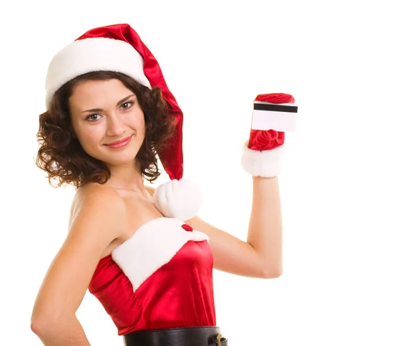 Donna in abiti di Babbo Natale con carta di credito — Foto Stock