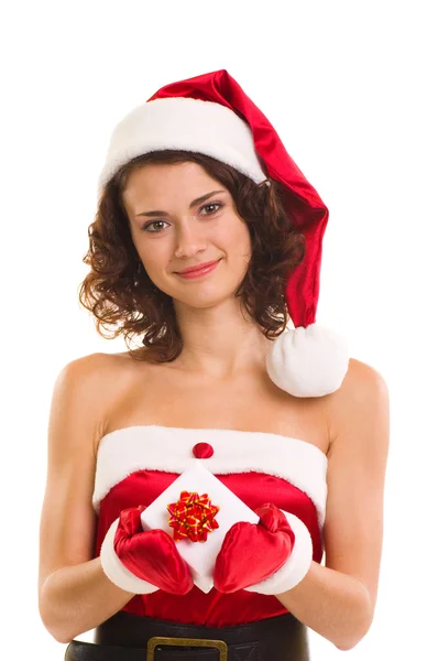 Frau in Weihnachtsmannkleidung mit Geschenk — Stockfoto