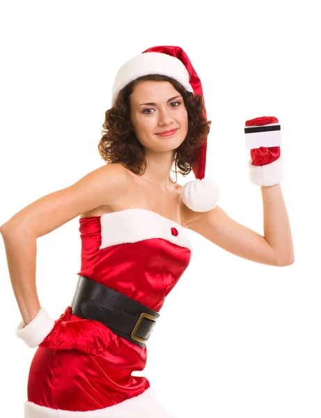 Mulher em roupas de Papai Noel com cartão de crédito — Fotografia de Stock