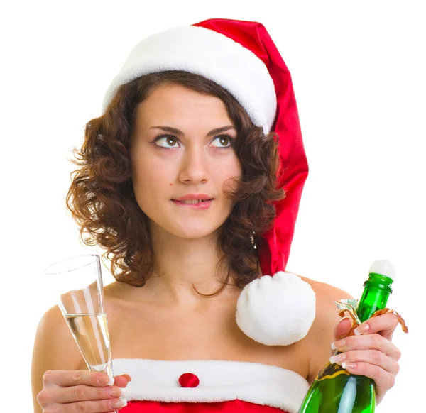 Kvinna i santa claus kläder med Champagneflaska — Stockfoto