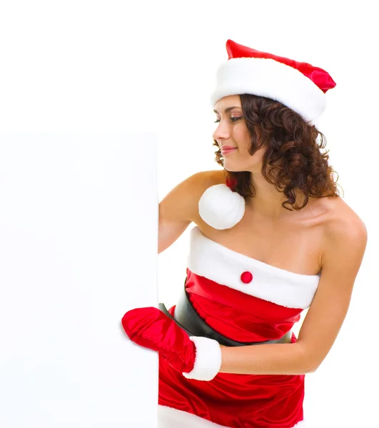 Santa claus ruhát támaszkodva üres fedélzeten nő — Stock Fotó