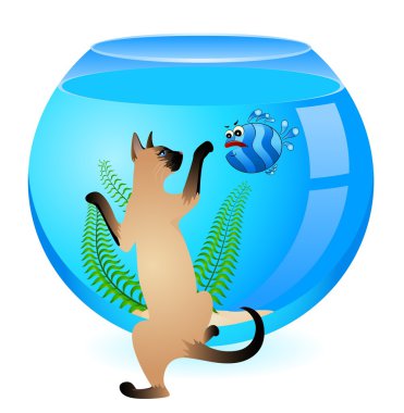 Cartoon cat with little colorful tropical fish in aquarium