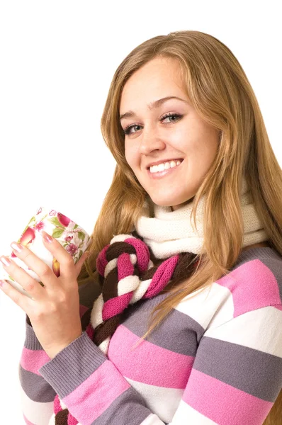 Vackra leende flicka med en kopp — Stockfoto