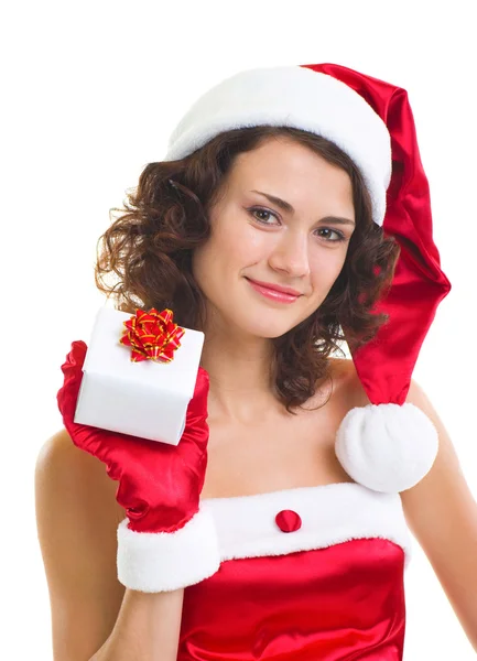 Mujer joven en Santa Claus ropa con regalo —  Fotos de Stock