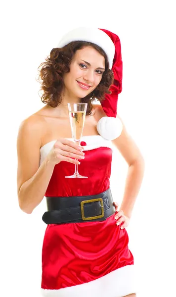 Vrouw in santa claus kleren met champagne glas — Stockfoto