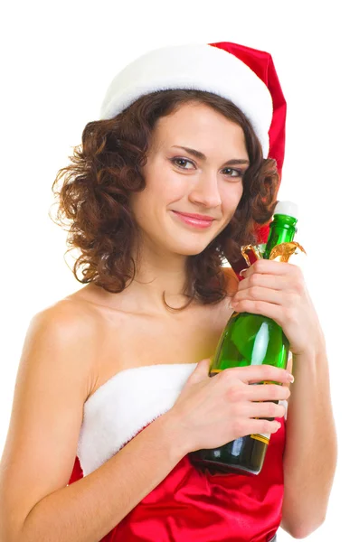 Şampanya şişesi ile Noel Baba giysili kadın — Stok fotoğraf