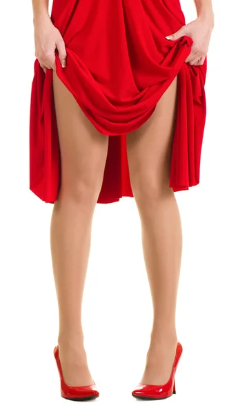 Sexy nogi w czerwone buty na obcasie i sukienka — Zdjęcie stockowe