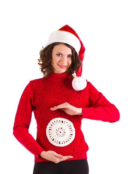Schöne schwangere Mädchen in Weihnachtsmann-Kleidung — Stockfoto