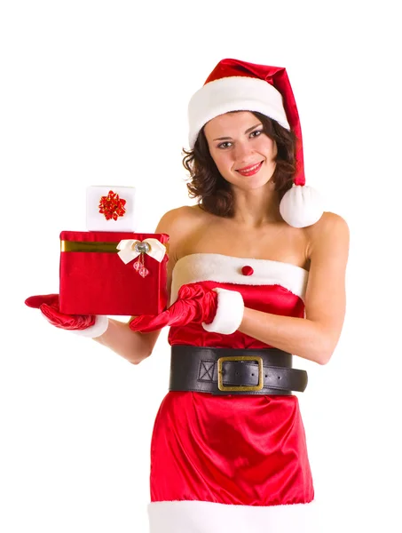 Bella ragazza in vestiti di Babbo Natale con regali — Foto Stock