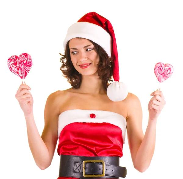 Girl in Santa Claus clothes with pink spiral lollipop — Stock Photo, Image
