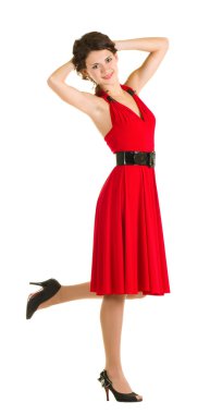 Kırmızı elbiseli seksi genç kadın.