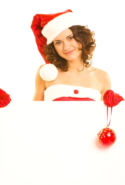 Woman in Santa Claus clothes leaning on blank board — Stock Photo, Image