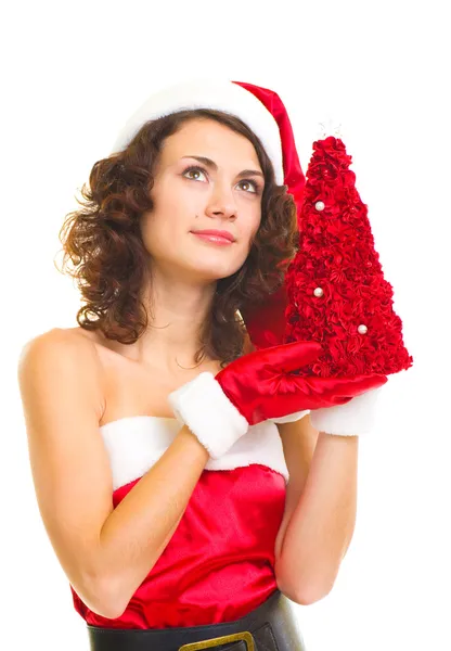 Bella giovane donna in vestiti di Babbo Natale con albero — Foto Stock