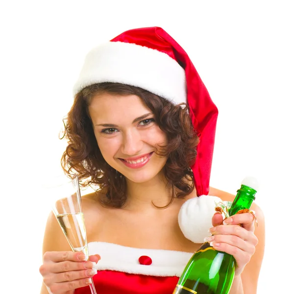 Mulher em roupas de Papai Noel com garrafa de champanhe — Fotografia de Stock