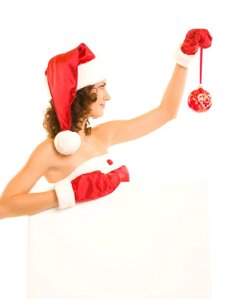 倾斜的空白板上圣诞老人衣服的女人 — 图库照片