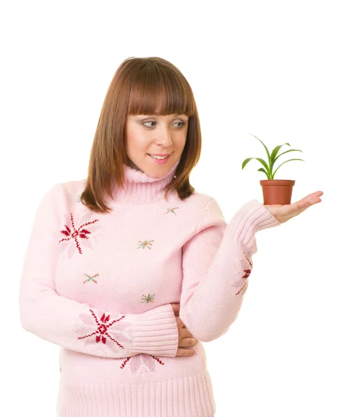 Красивая улыбающаяся девушка держит маленькое растение — стоковое фото