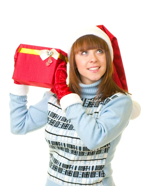Hermosa joven en Santa Claus ropa con regalos — Foto de Stock