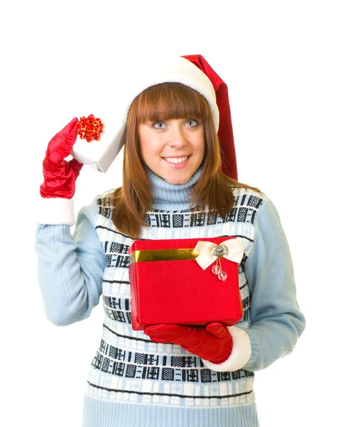 Beautiful young girl in Santa Claus clothes with gifts — Stock Photo, Image