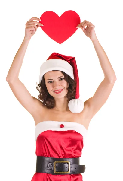 Mooi meisje in santa claus kleren met hart — Stockfoto