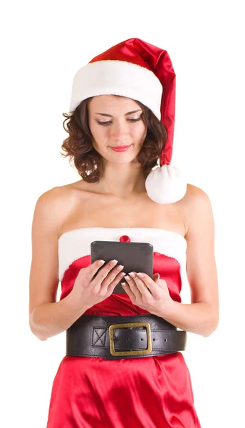 Girl in Santa Claus clothes with notebook — Stock Photo, Image