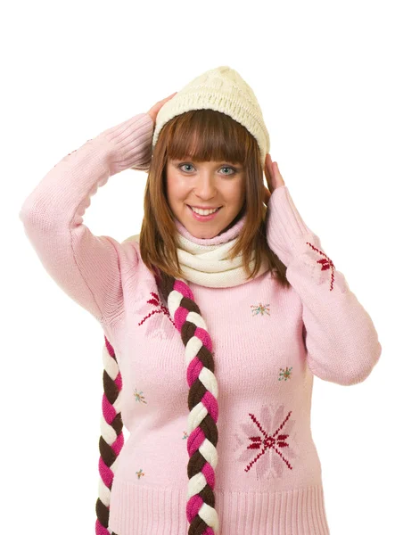 Mooi lachende meisje in warme kleren — Stockfoto