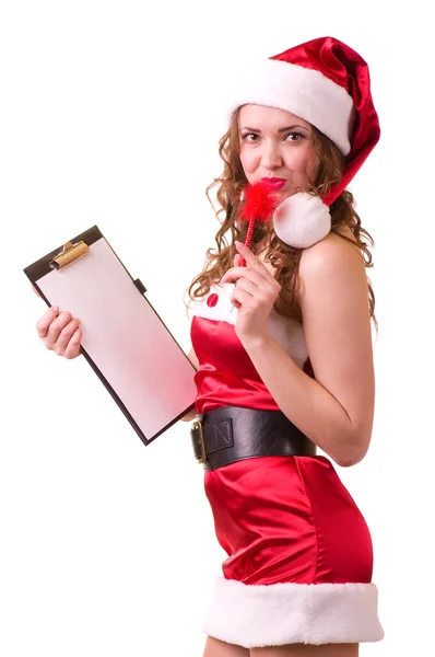 Mujer con ropa de Santa Claus apoyada en tablero en blanco —  Fotos de Stock