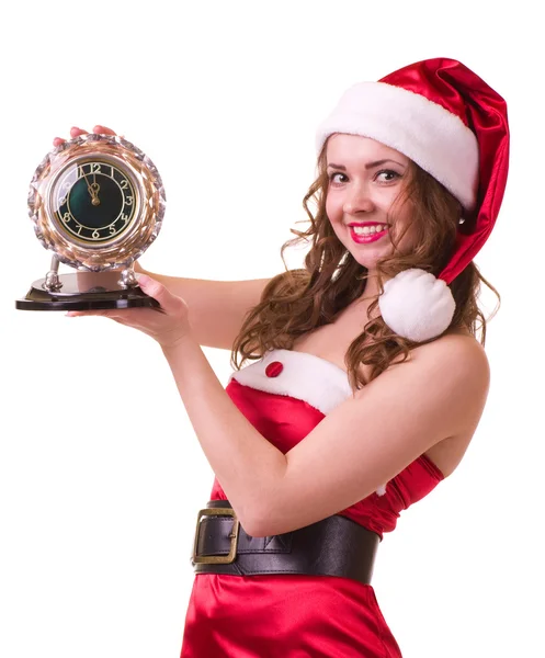 Frau in Weihnachtsmannkleidung mit Uhr — Stockfoto