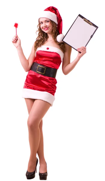Vrouw in santa claus kleren leunend op een leeg bord — Stockfoto