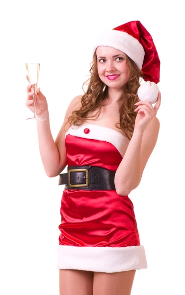 Mulher em roupas de Papai Noel com taça de champanhe — Fotografia de Stock