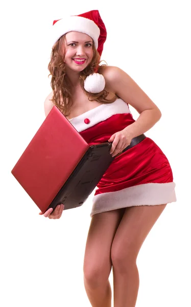 Chica en Santa Claus ropa con cuaderno —  Fotos de Stock