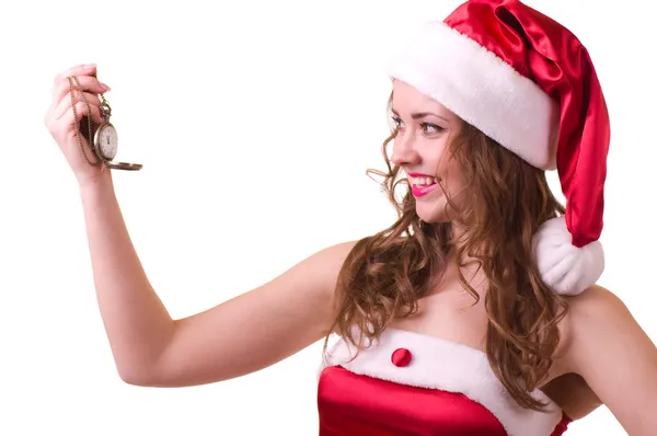 Saati ile Noel Baba giysili kadın — Stok fotoğraf