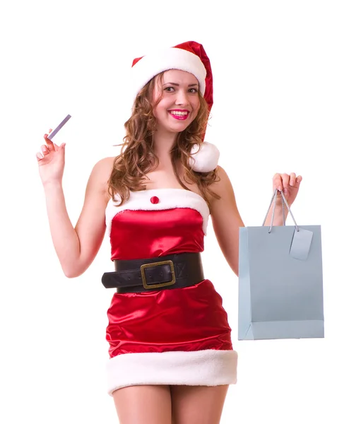Женщина в одежде Деда Мороза с кредитной картой — стоковое фото