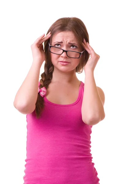 Dívka s hroznou bolestí hlavy, držení hlavy v bolesti — Stock fotografie