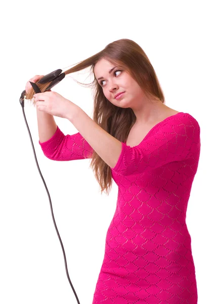 Menina bonita com secador de cabelo — Fotografia de Stock