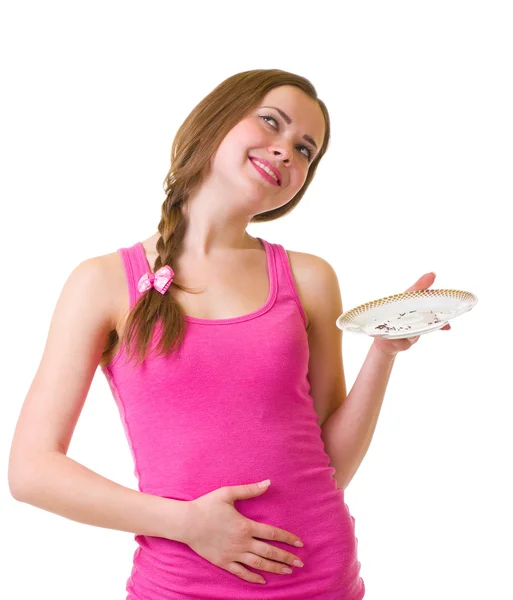 The beautiful young woman with plate — Stock Photo, Image