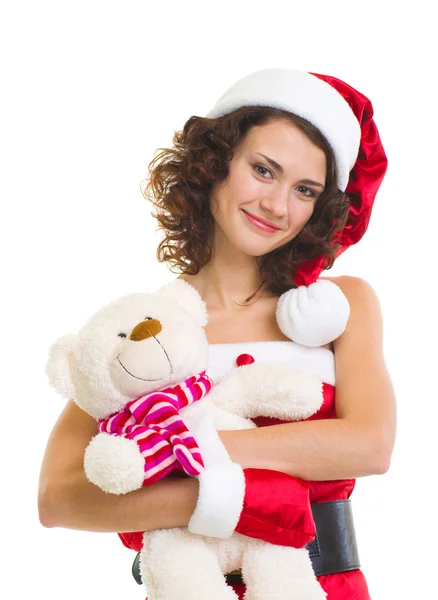 Mulher bonita em roupas de Papai Noel com urso branco — Fotografia de Stock