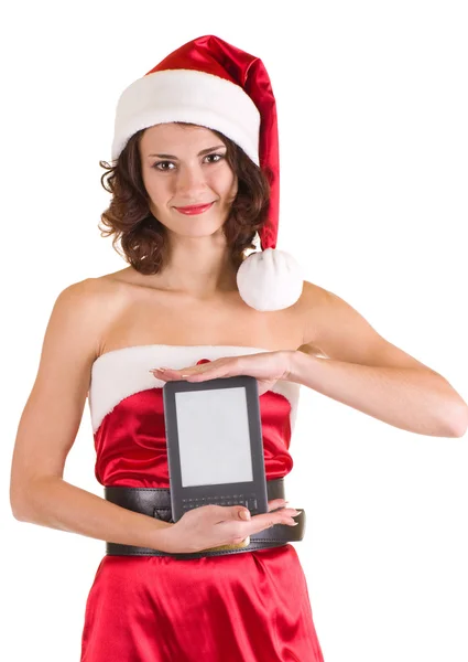 Девушка в одежде Санта-Клауса с блокнотом — стоковое фото