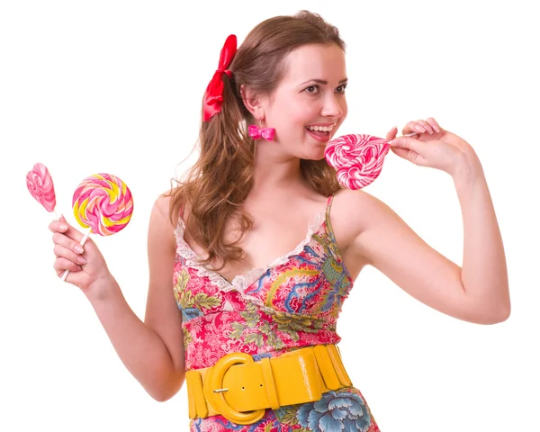 Vacker ung flicka med rosa spiral klubbor — Stockfoto