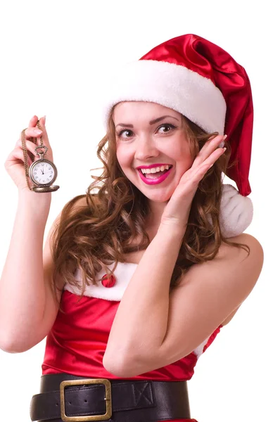 Femme dans les vêtements du Père Noël avec horloge — Photo