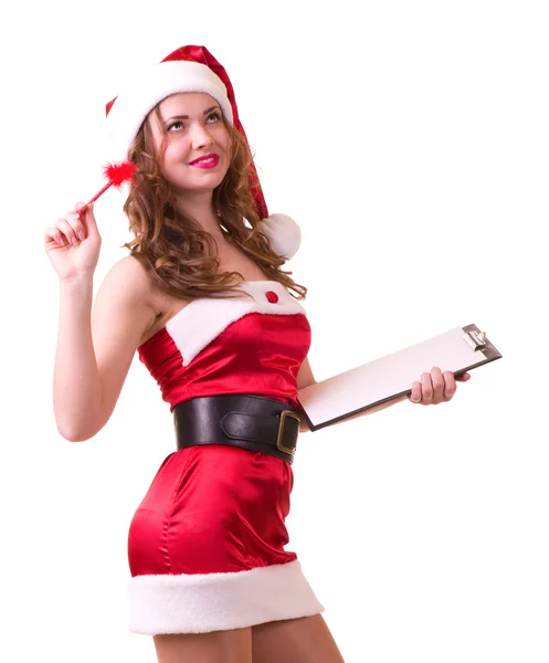 Mujer con ropa de Santa Claus apoyada en tablero en blanco — Foto de Stock