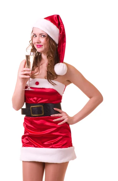 Mujer en ropa de Santa Claus con copa de champán —  Fotos de Stock