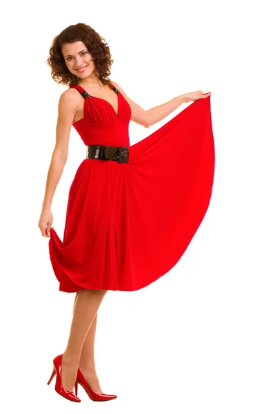 Kırmızı elbiseli seksi genç kadın. — Stok fotoğraf