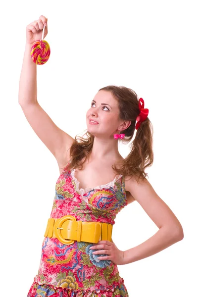 Krásná mladá dívka s růžové spirály lízátka — Stock fotografie