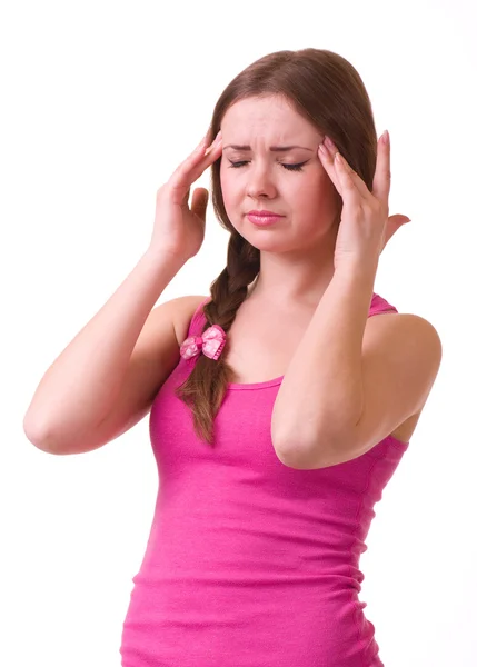 Dziewczyna z straszny ból głowy, trzymając głowę w bólu — Zdjęcie stockowe
