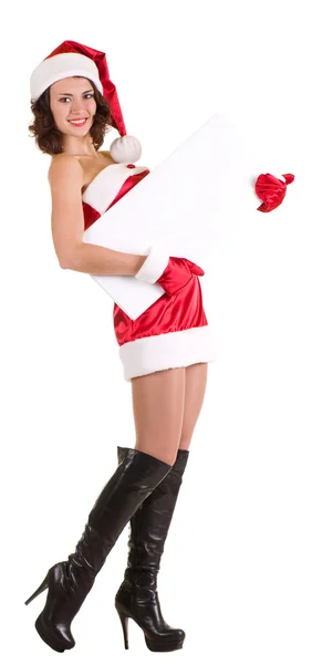 倾斜的空白板上圣诞老人衣服的女人 — 图库照片