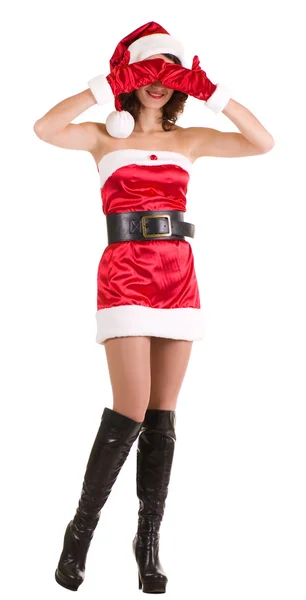 Schöne junge Mädchen in Weihnachtsmann-Klamotten — Stockfoto