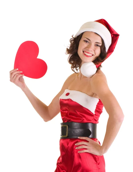 Menina bonita em roupas de Papai Noel com coração — Fotografia de Stock
