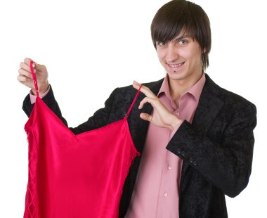 Young man holding red peignoir. Isolated on white. clipart